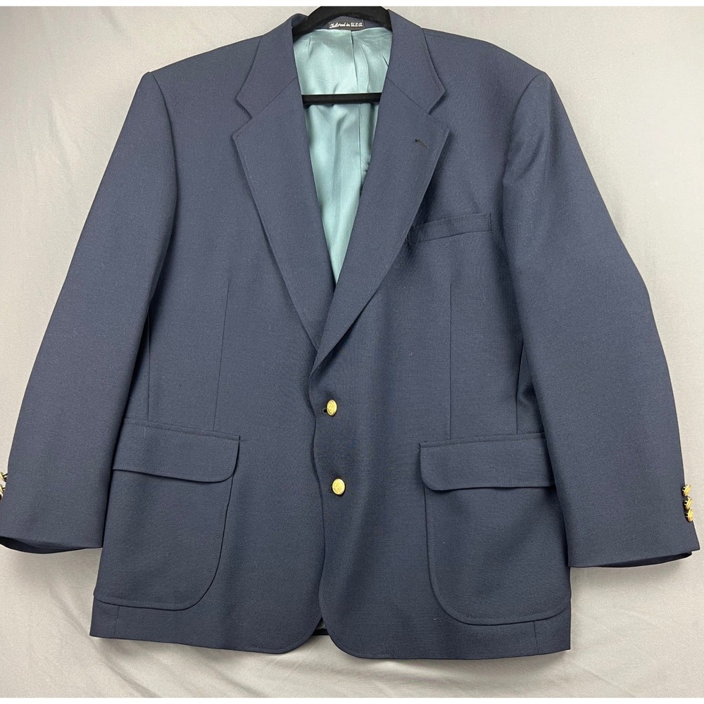 Stafford Blazer Men 48R Sport Coat Navy Blue Gold Button Tailored USA Good